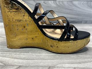 Yves Saint Laurent Black Patent Leather Gold Wedges, Size 42 (US 11)